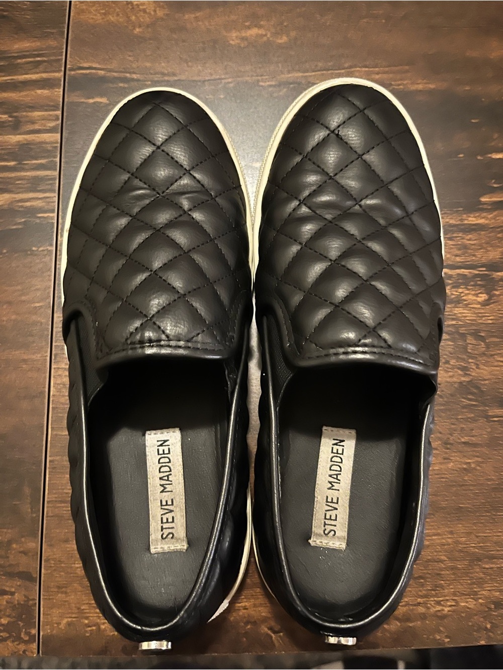 Steve Madden Black Quilted Slip-On Loafers with White Trim
